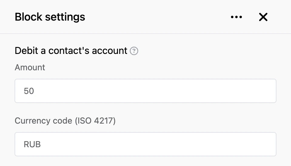 Settings panel of the "Debit a contact's account" block