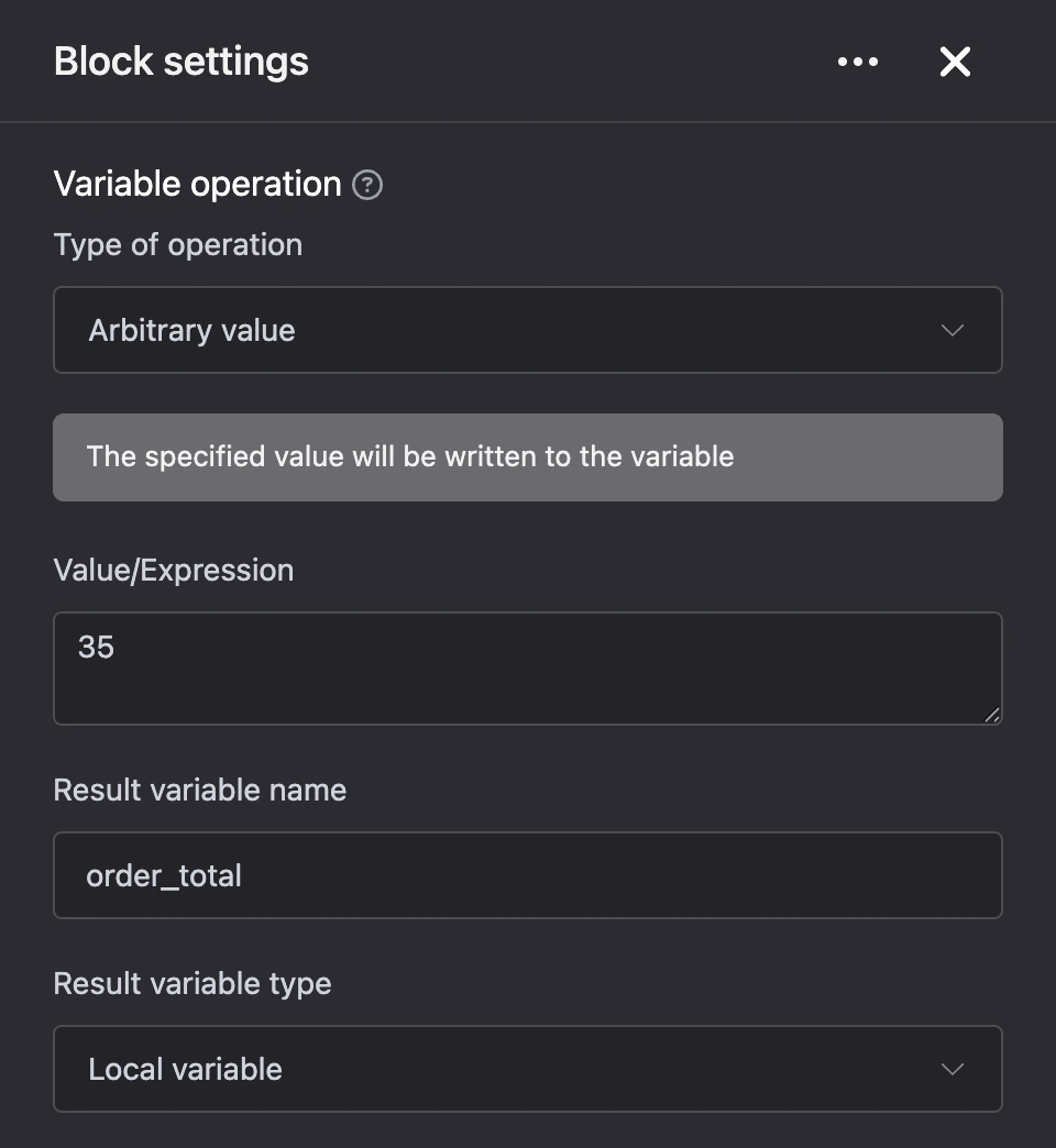 "Variable operation" block: the order total is written to a variable