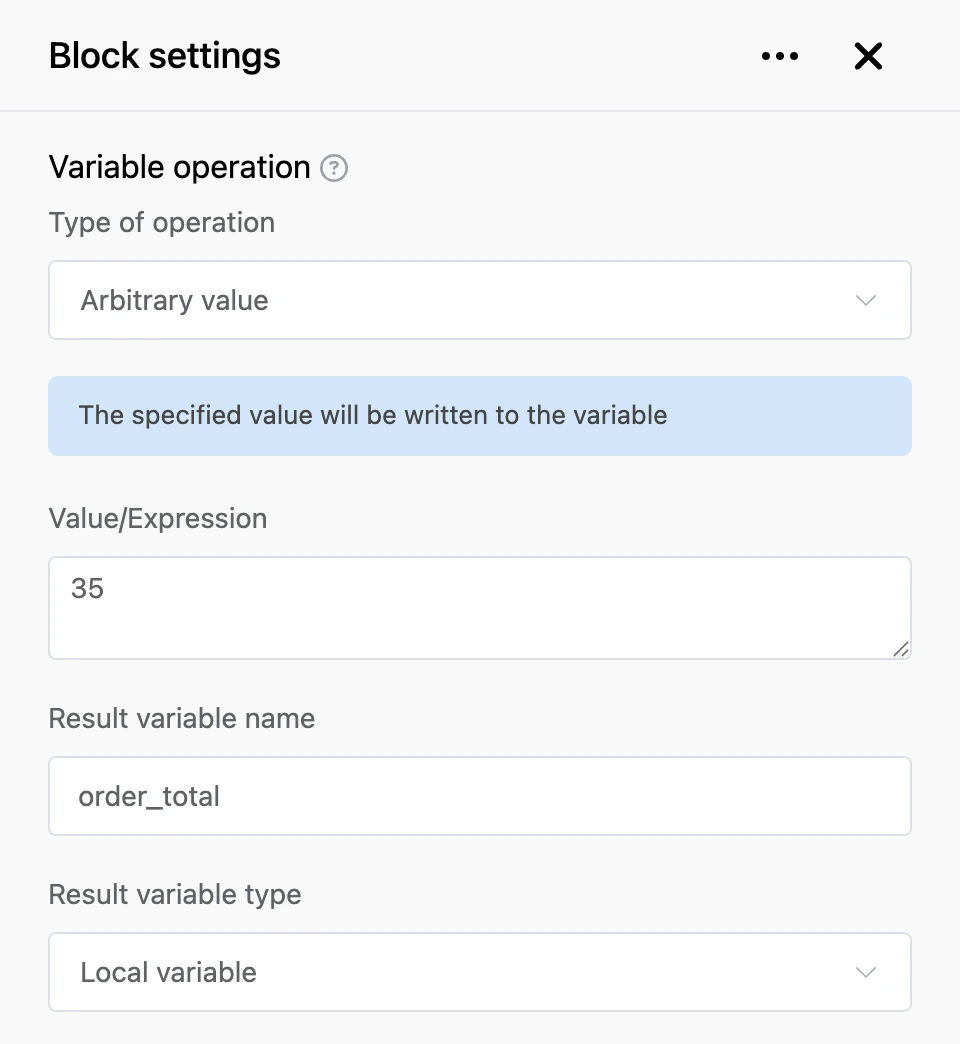 "Variable operation" block: the order total is written to a variable