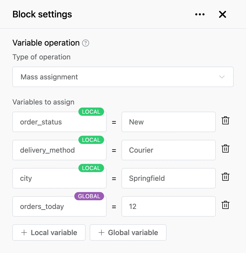 "Variable operation" block: four order variables are set at once