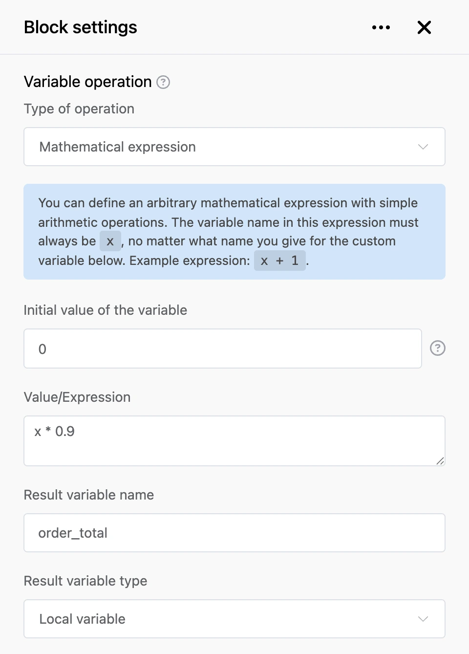 "Variable operation" block: a 10% discount on the order total with the expression x * 0.9