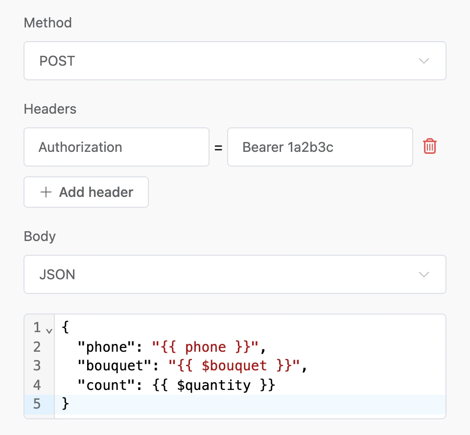 A POST request with an Authorization header and a JSON body with templates