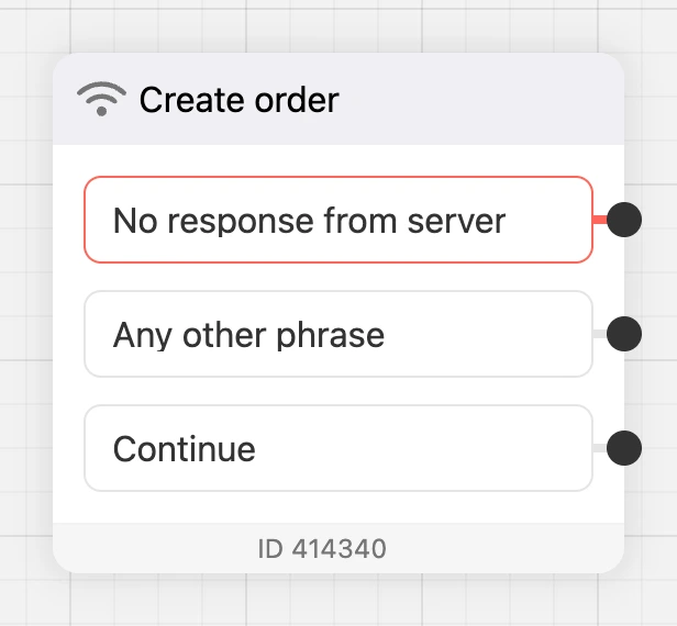 The "HTTP request" block on the scheme: "No response from server", "Any other phrase" and "Continue" outputs