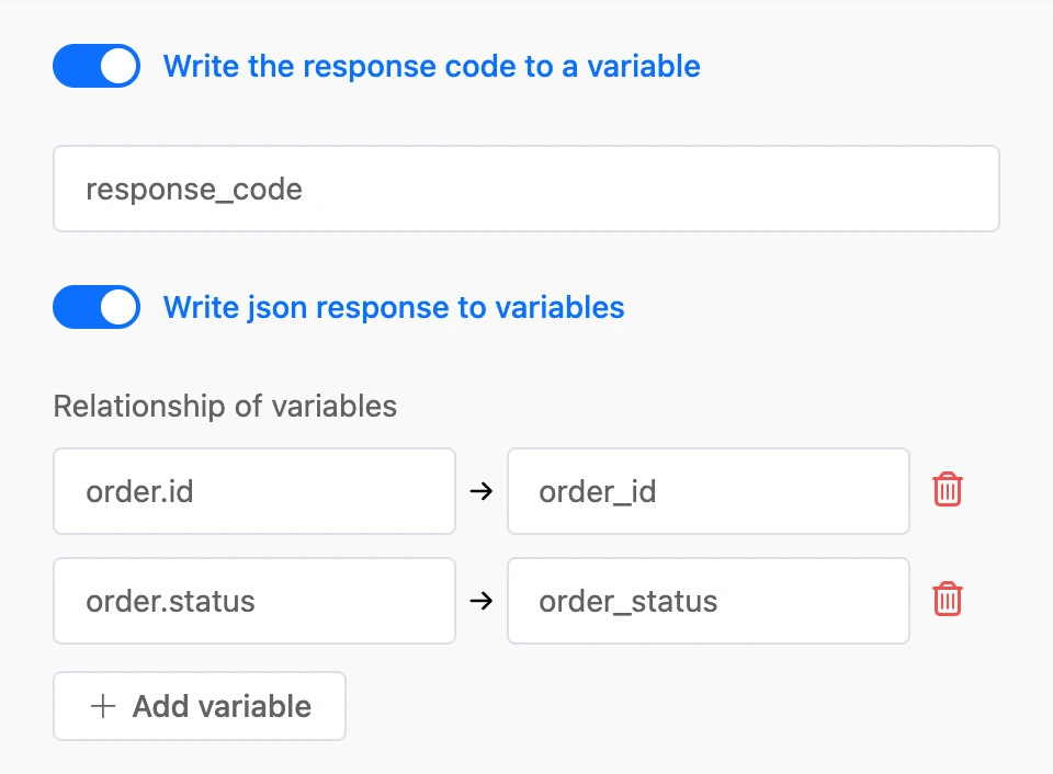 Response code goes to a variable, JSON response is split into variables: order.id and order.status
