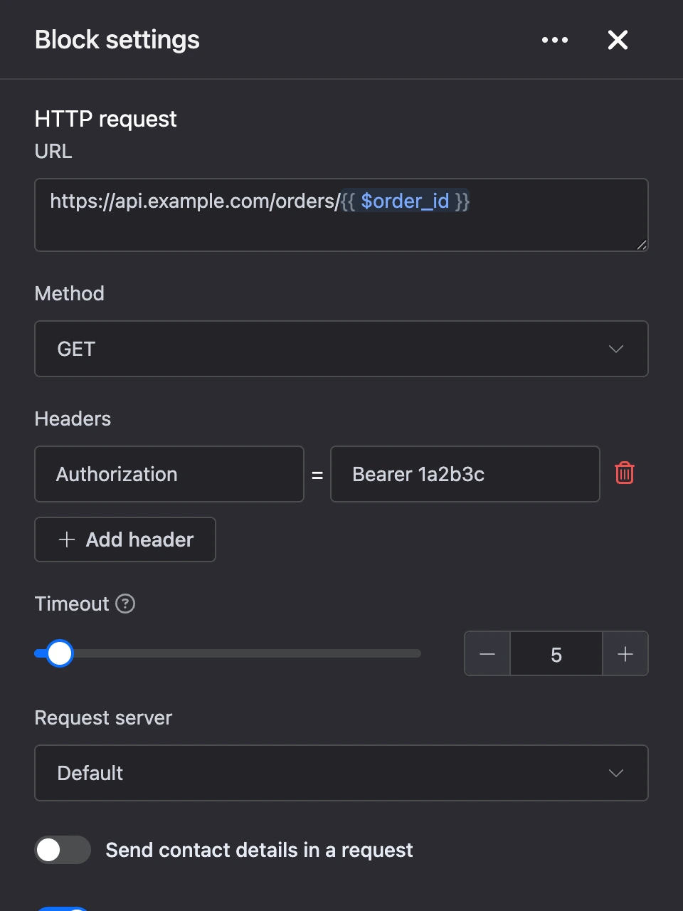 Settings panel of the "HTTP request" block