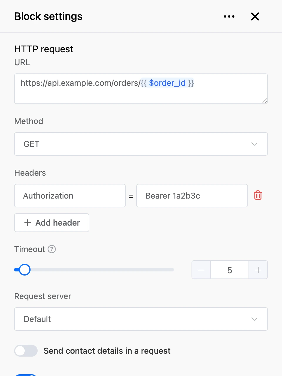 Settings panel of the "HTTP request" block