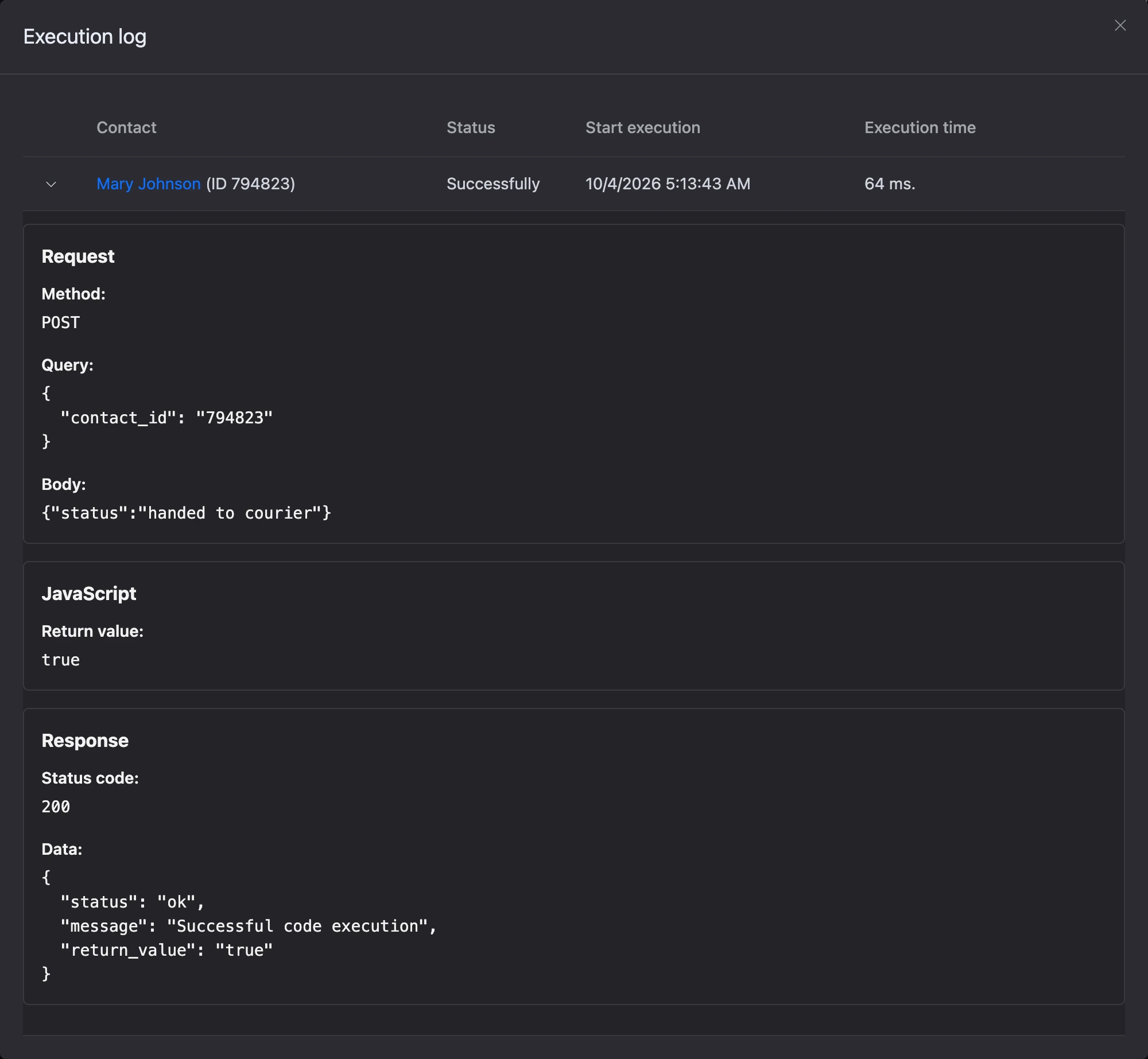 The incoming webhook "Execution log": request method, parameters and body, return value and the block response