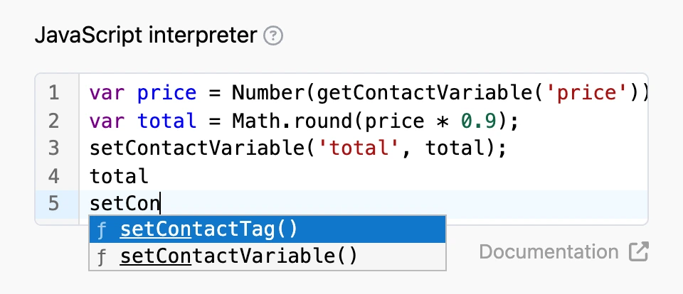 Code editor with a hint: for "setCon" it suggests setContactTag() and setContactVariable()