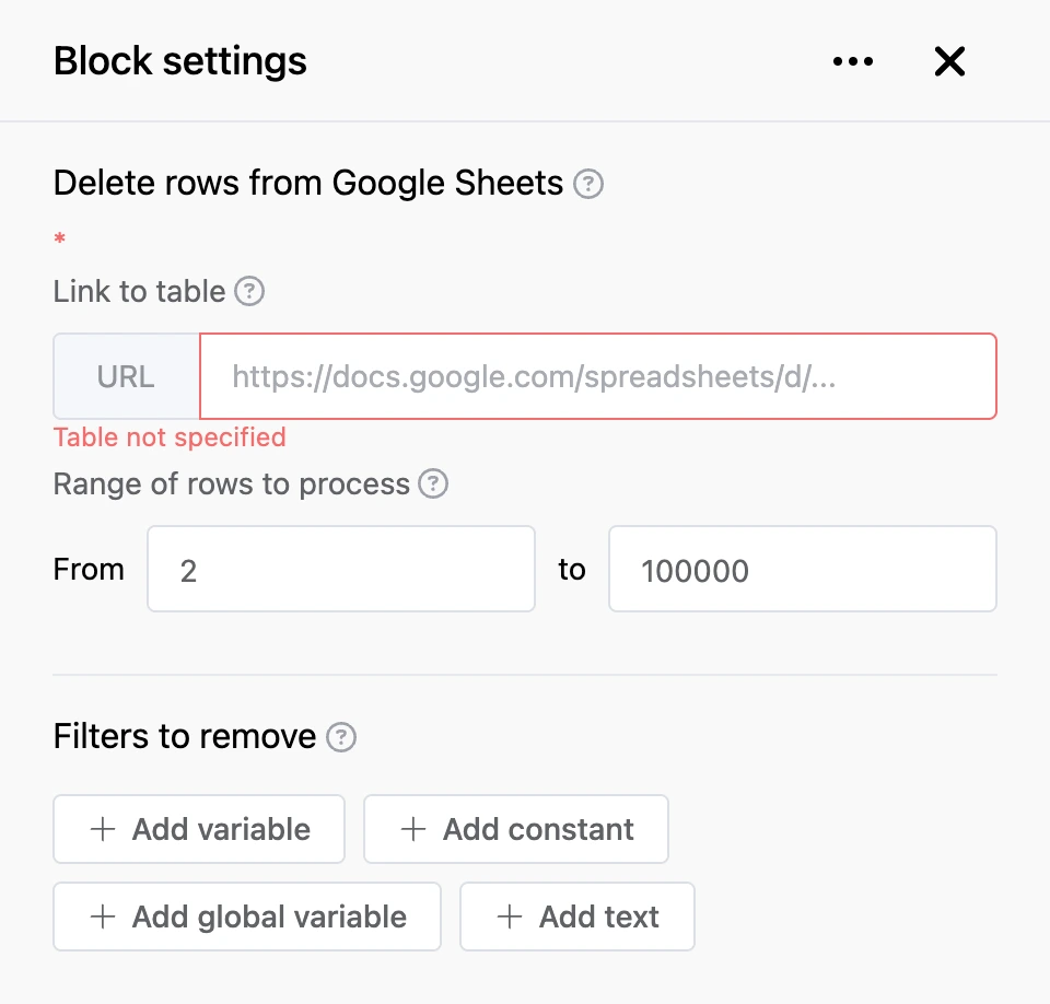 Settings panel of the "Delete rows from Google Sheets" block