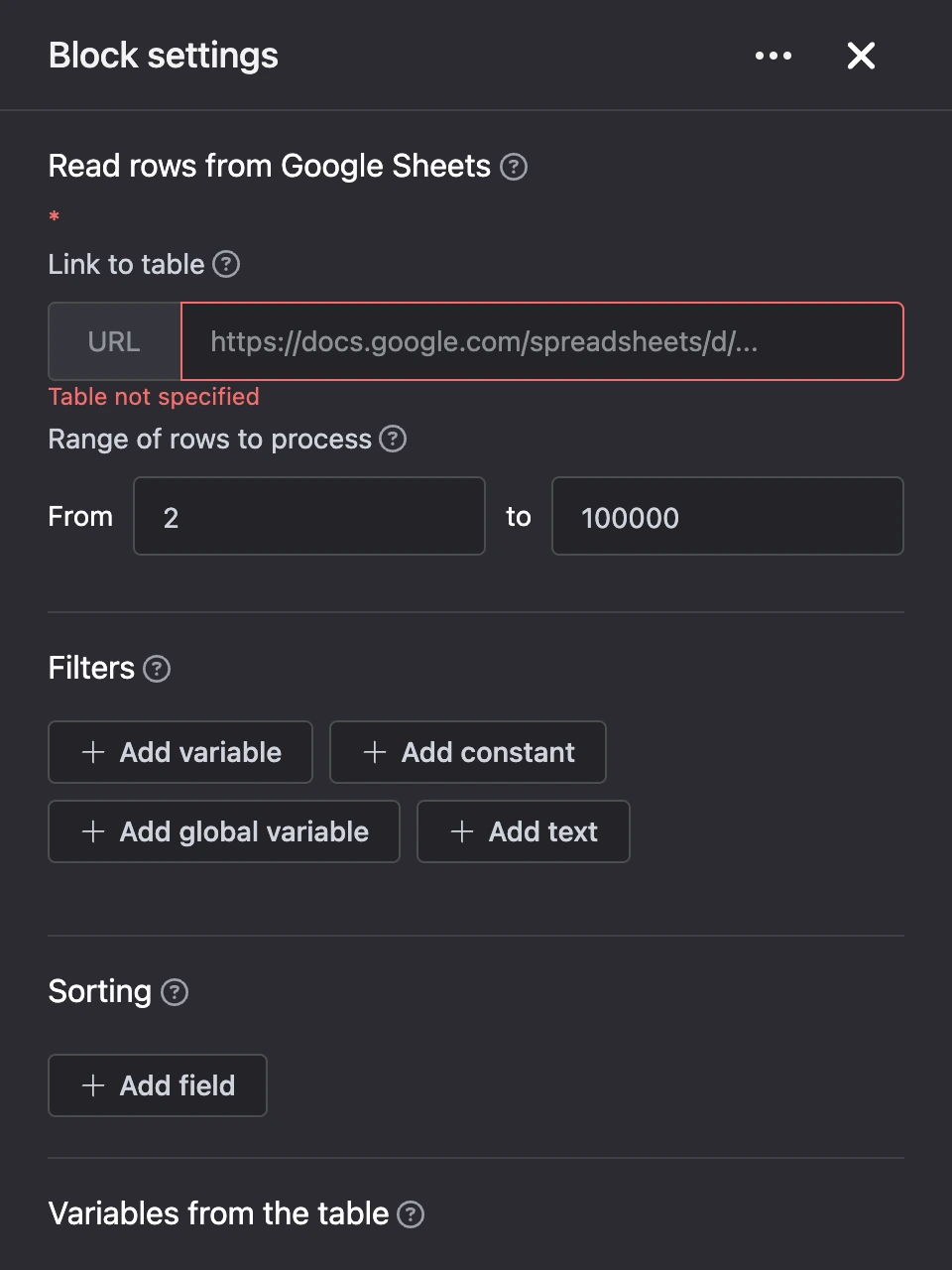 Settings panel of the "Read rows from Google Sheets" block