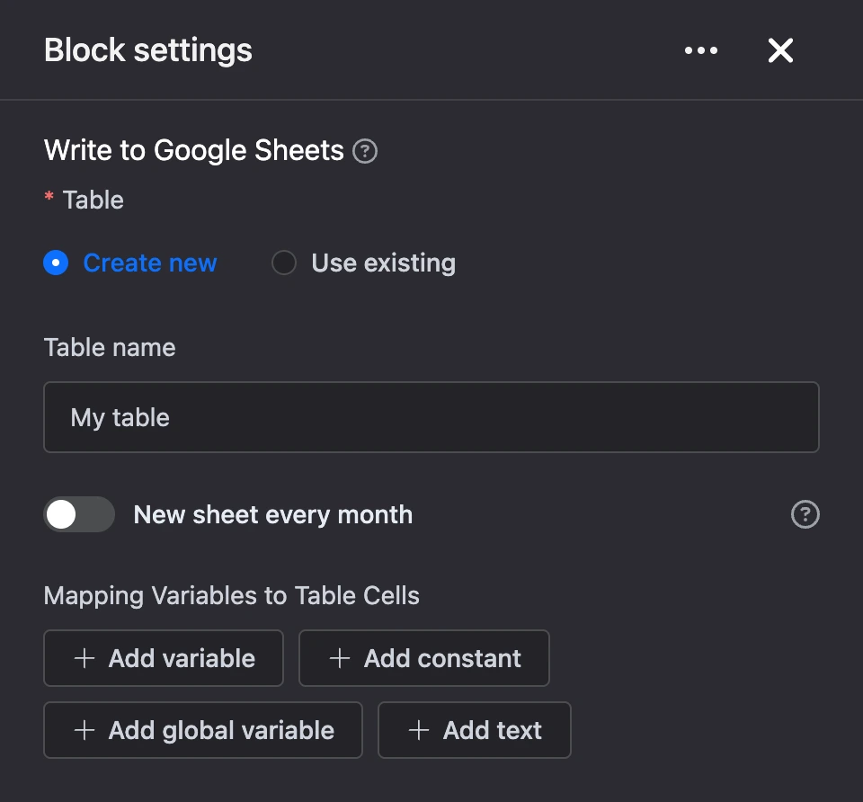 Settings panel of the "Write to Google Sheets" block