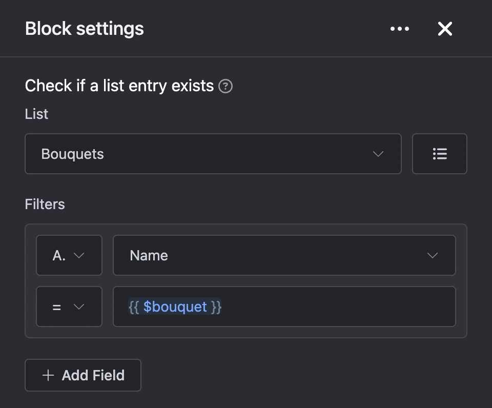 Settings panel of the "Check if a list entry exists" block