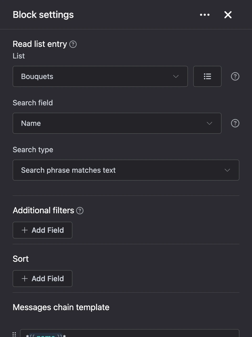 Settings panel of the "Read list entry" block