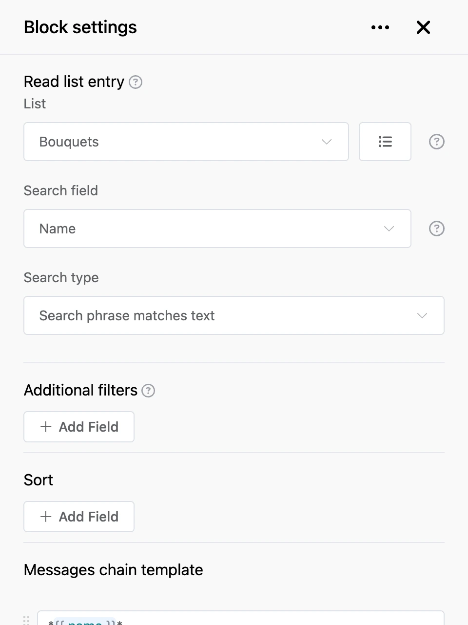 Settings panel of the "Read list entry" block