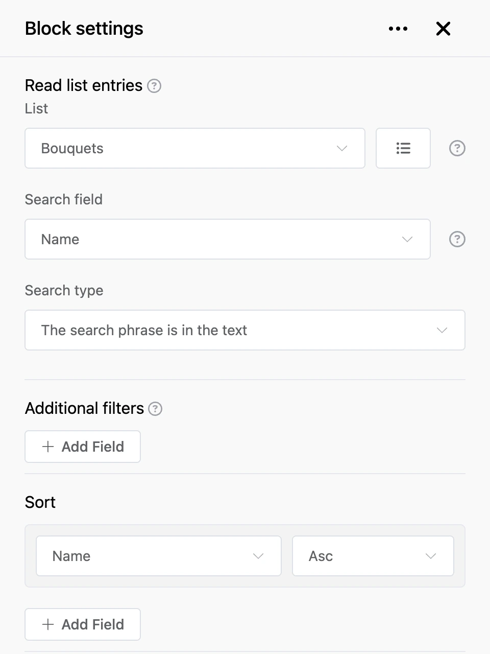 Settings panel of the "Read list entries" block