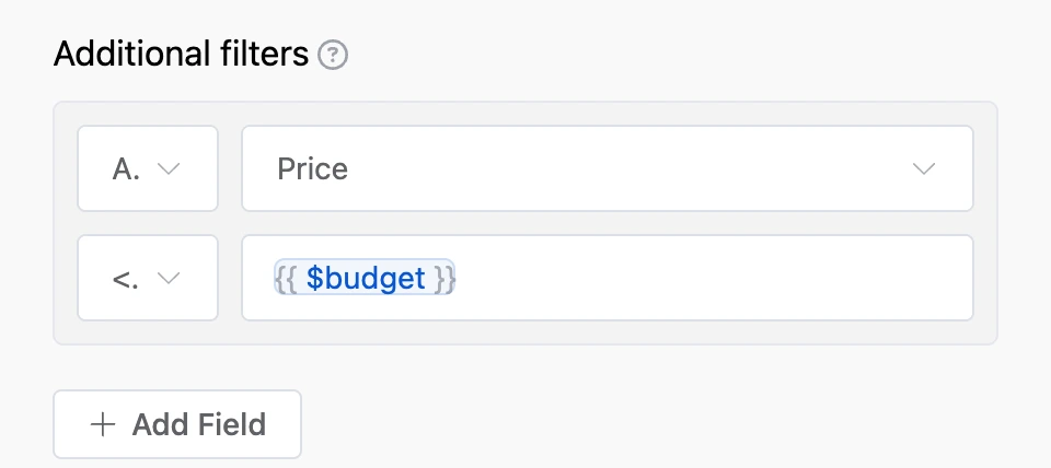 A read block filter: the "Price" field is less than or equal to the "budget" variable
