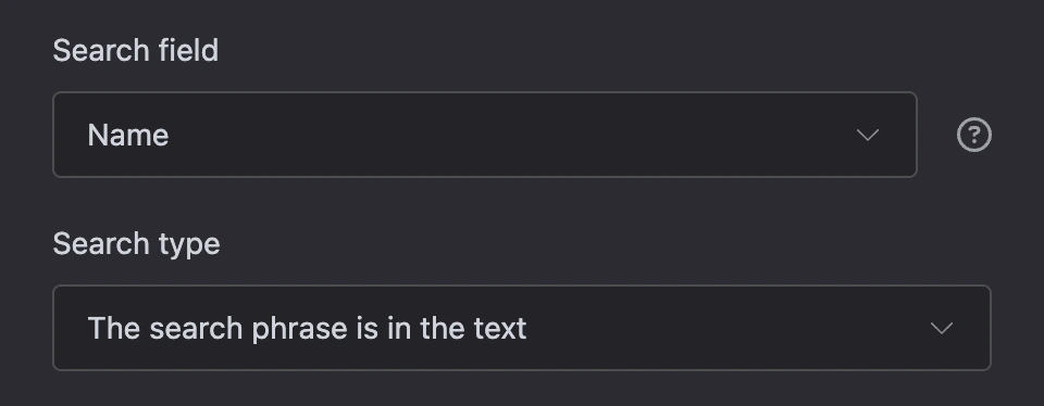 Search by the contact phrase: the "Name" field, "The search phrase is contained in the text"