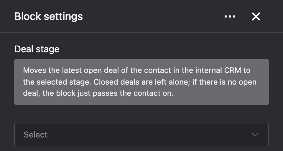 Settings panel of the "Deal stage" block