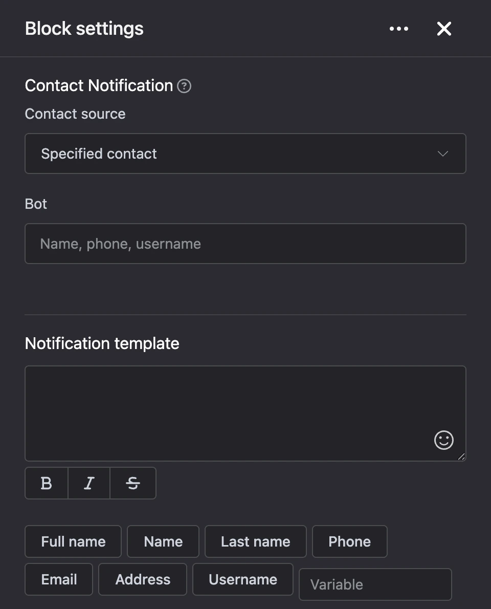 Settings panel of the "Contact Notification" block