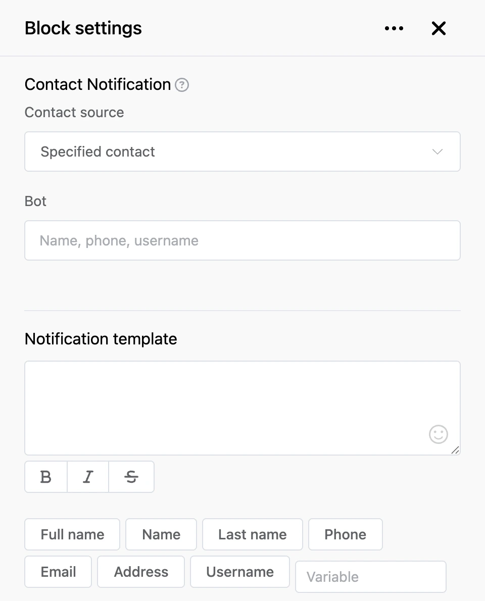 Settings panel of the "Contact Notification" block