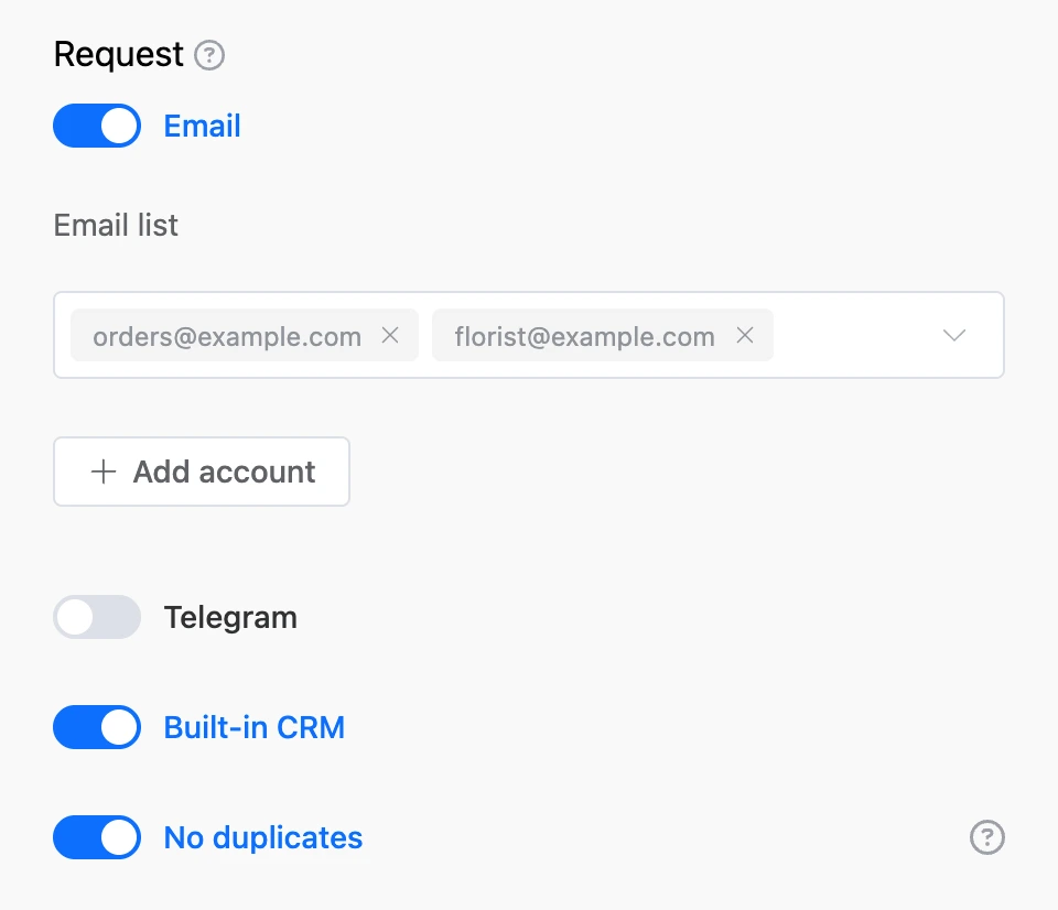 The "Request" block: Email with two recipients, internal CRM and "No duplicates" are on