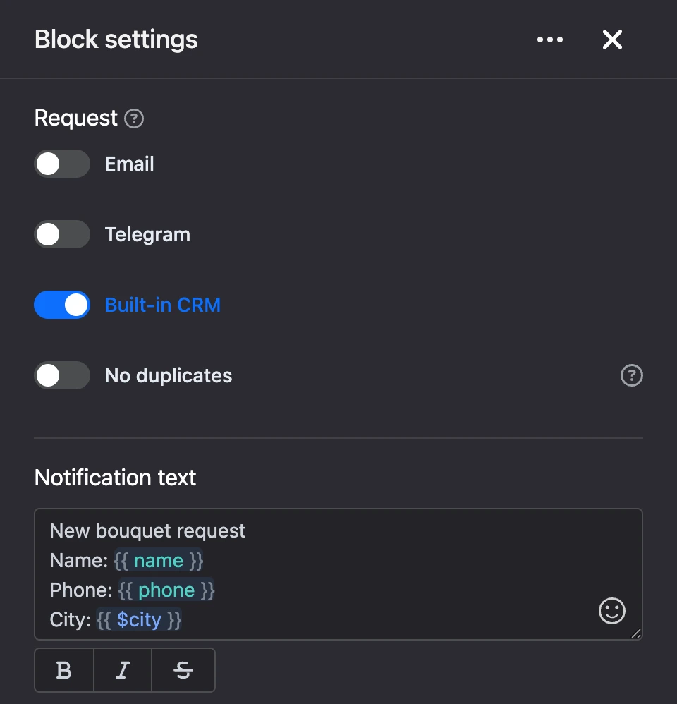 Settings panel of the "Request" block