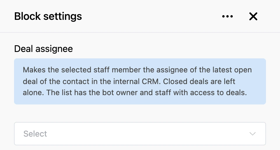 Settings panel of the "Deal assignee" block