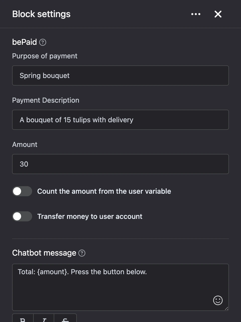 Settings panel of the "bePaid" block