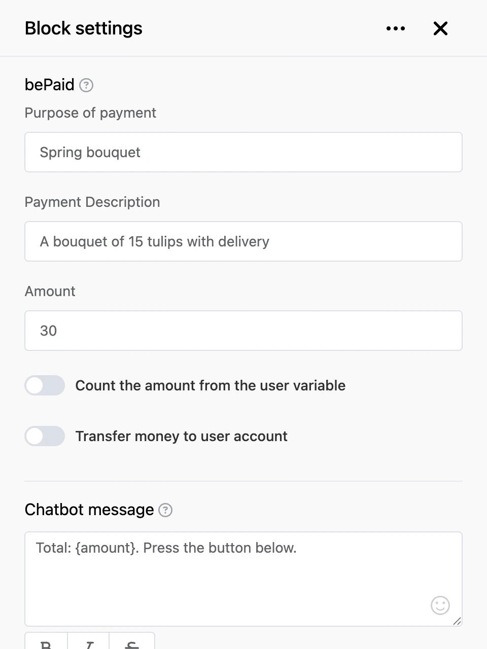 Settings panel of the "bePaid" block
