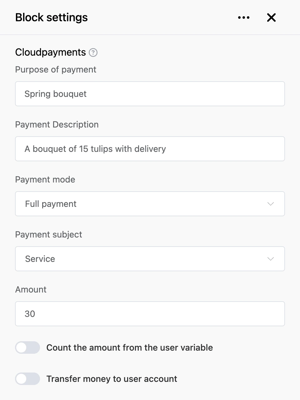 Settings panel of the "Cloudpayments" block