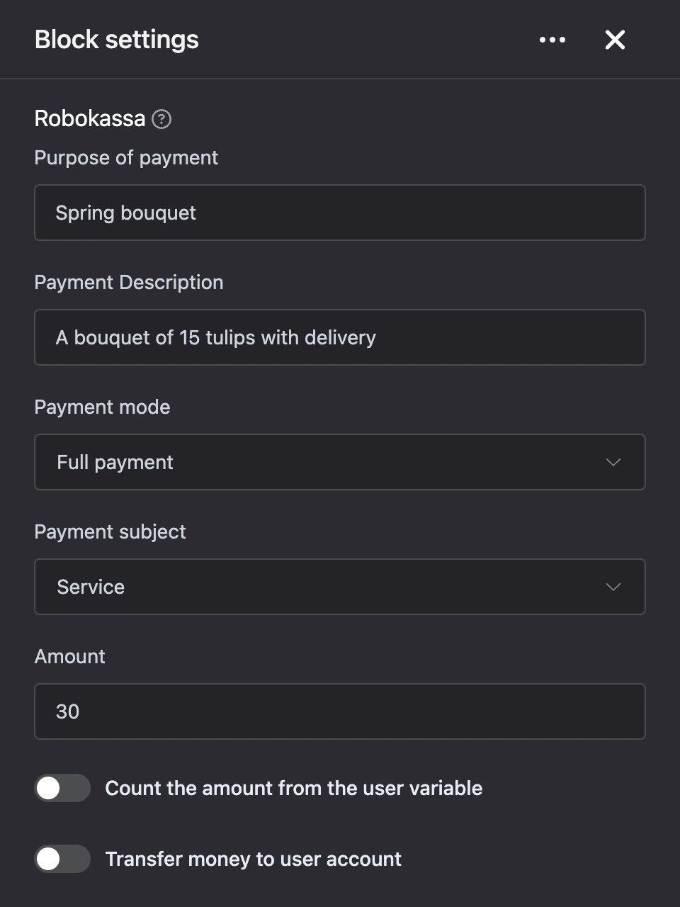 Settings panel of the "Robokassa" block
