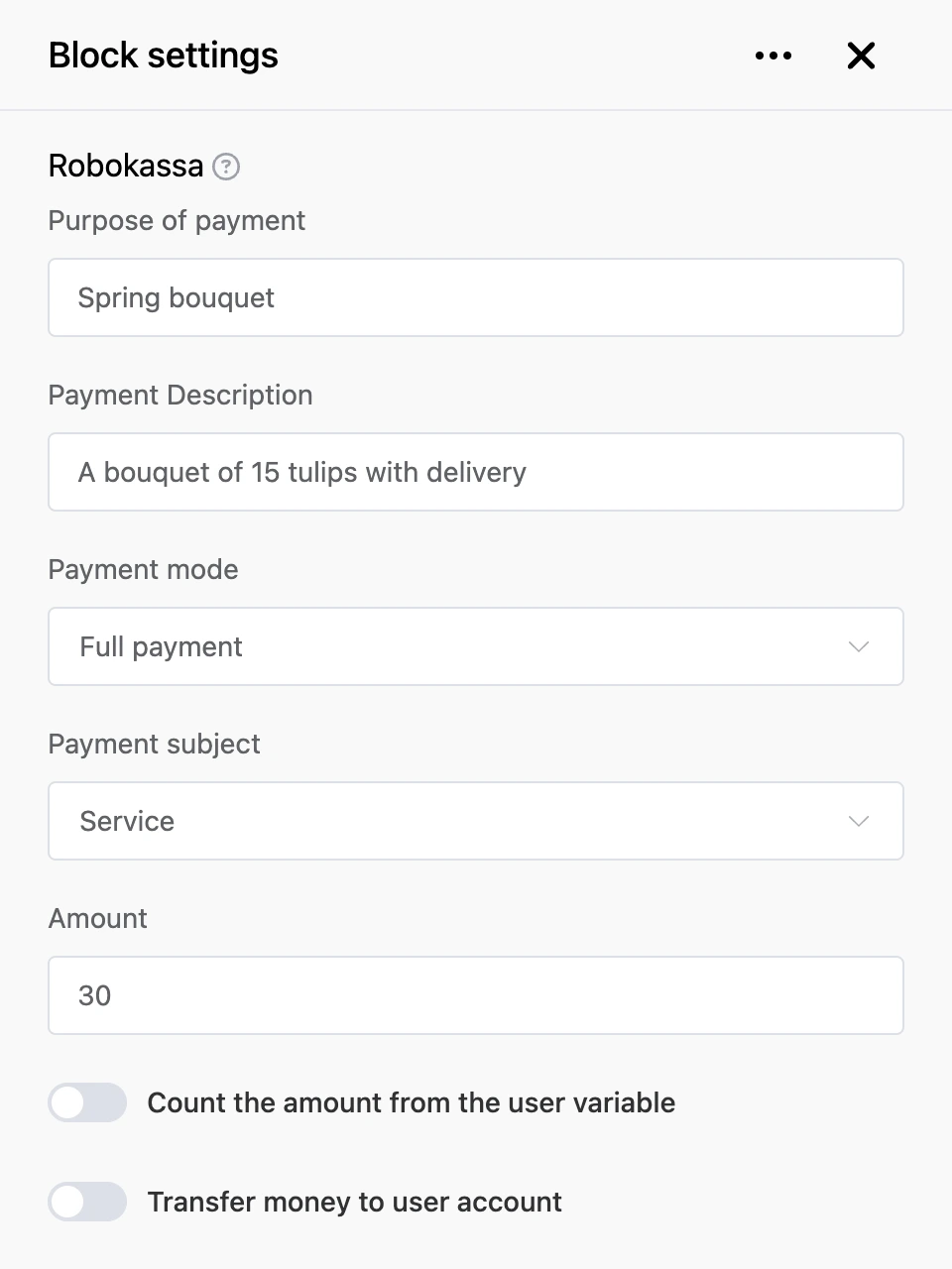 Settings panel of the "Robokassa" block