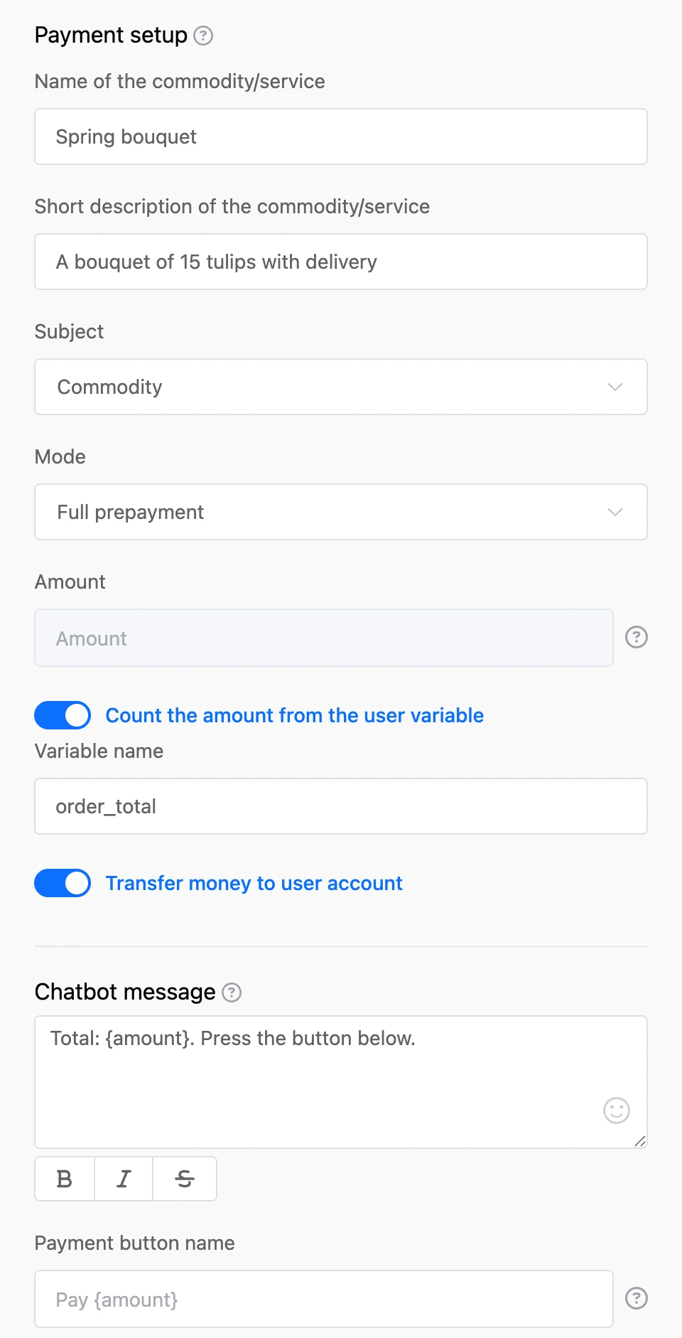 Payment block settings: purpose and description, amount from a variable, crediting the contact account, message and button