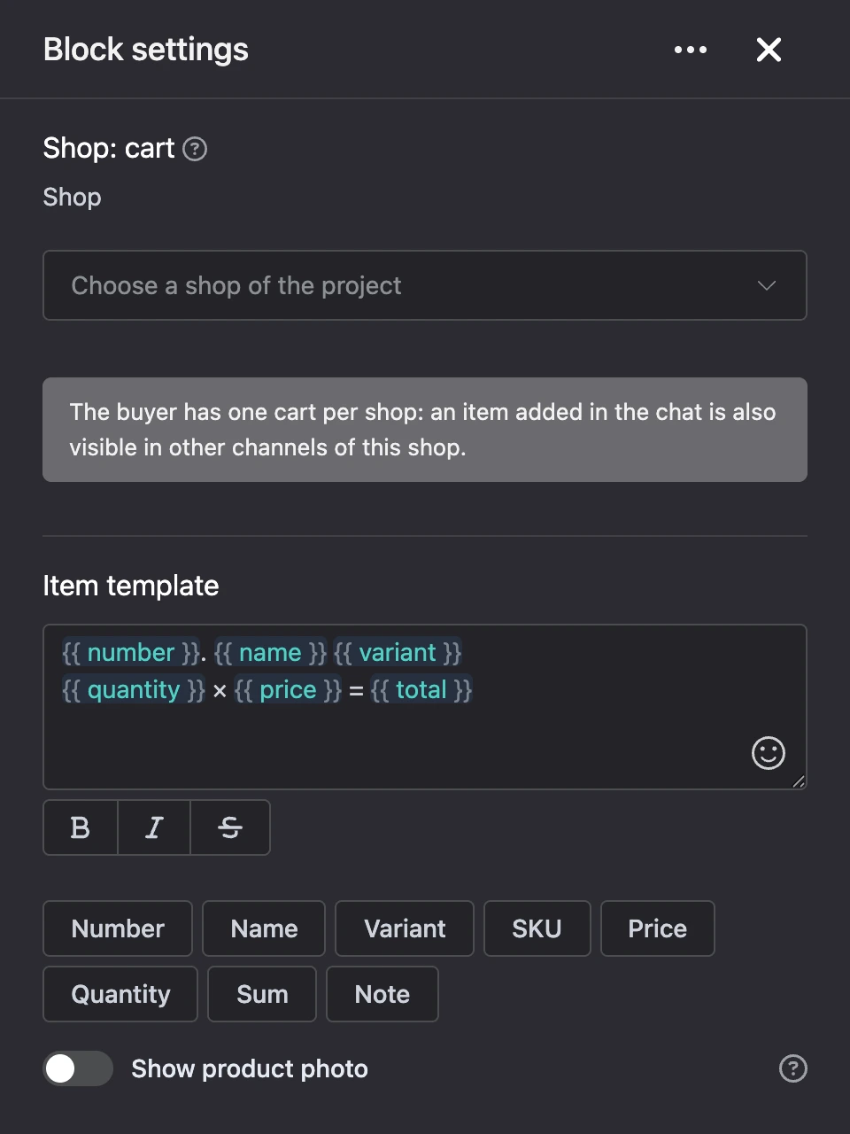 Settings panel of the "Shop: cart" block
