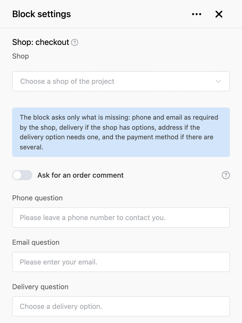 Settings panel of the "Shop: checkout" block