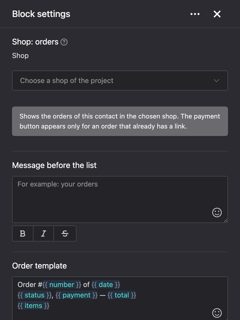 Settings panel of the "Shop: orders" block