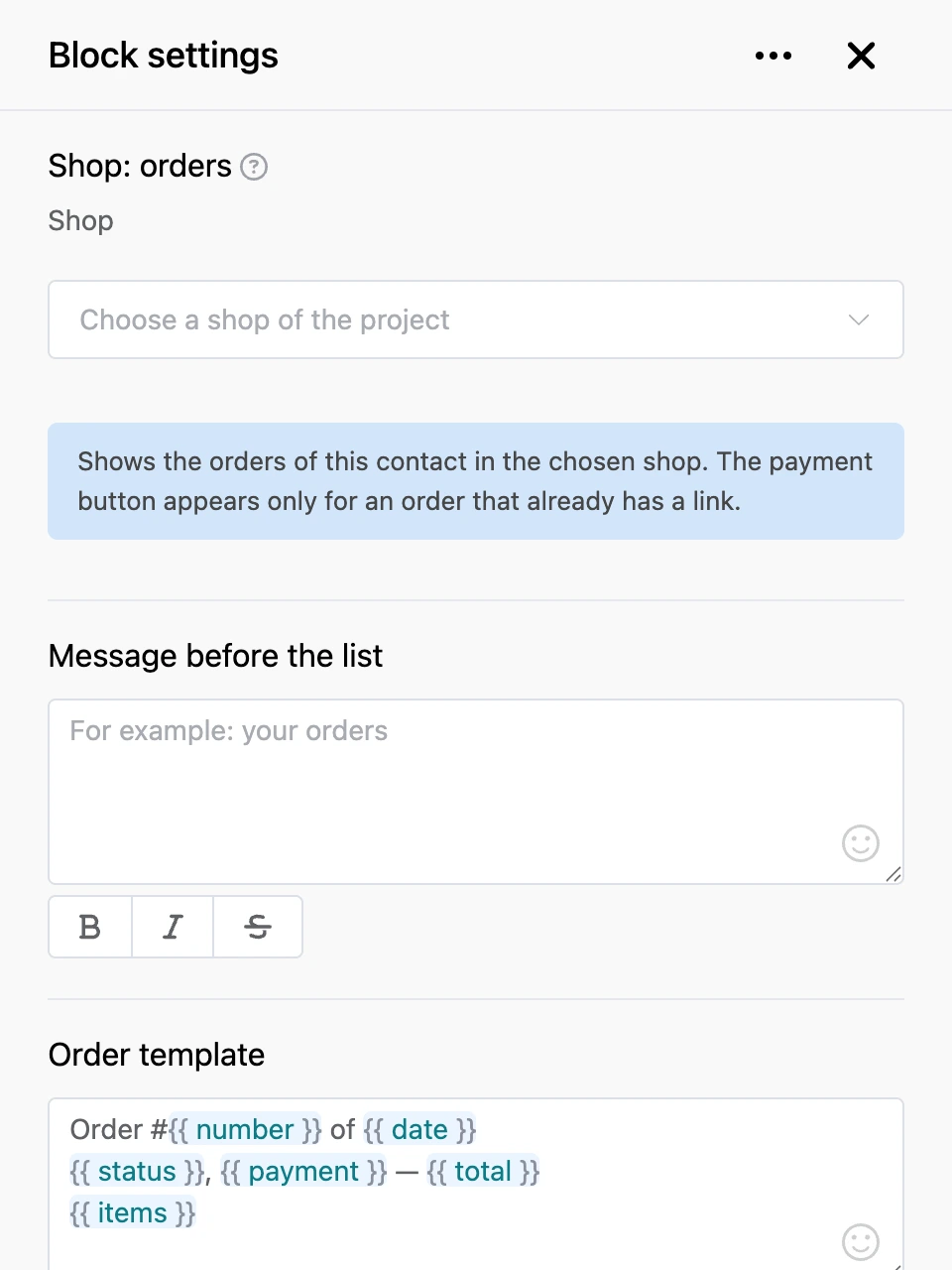 Settings panel of the "Shop: orders" block