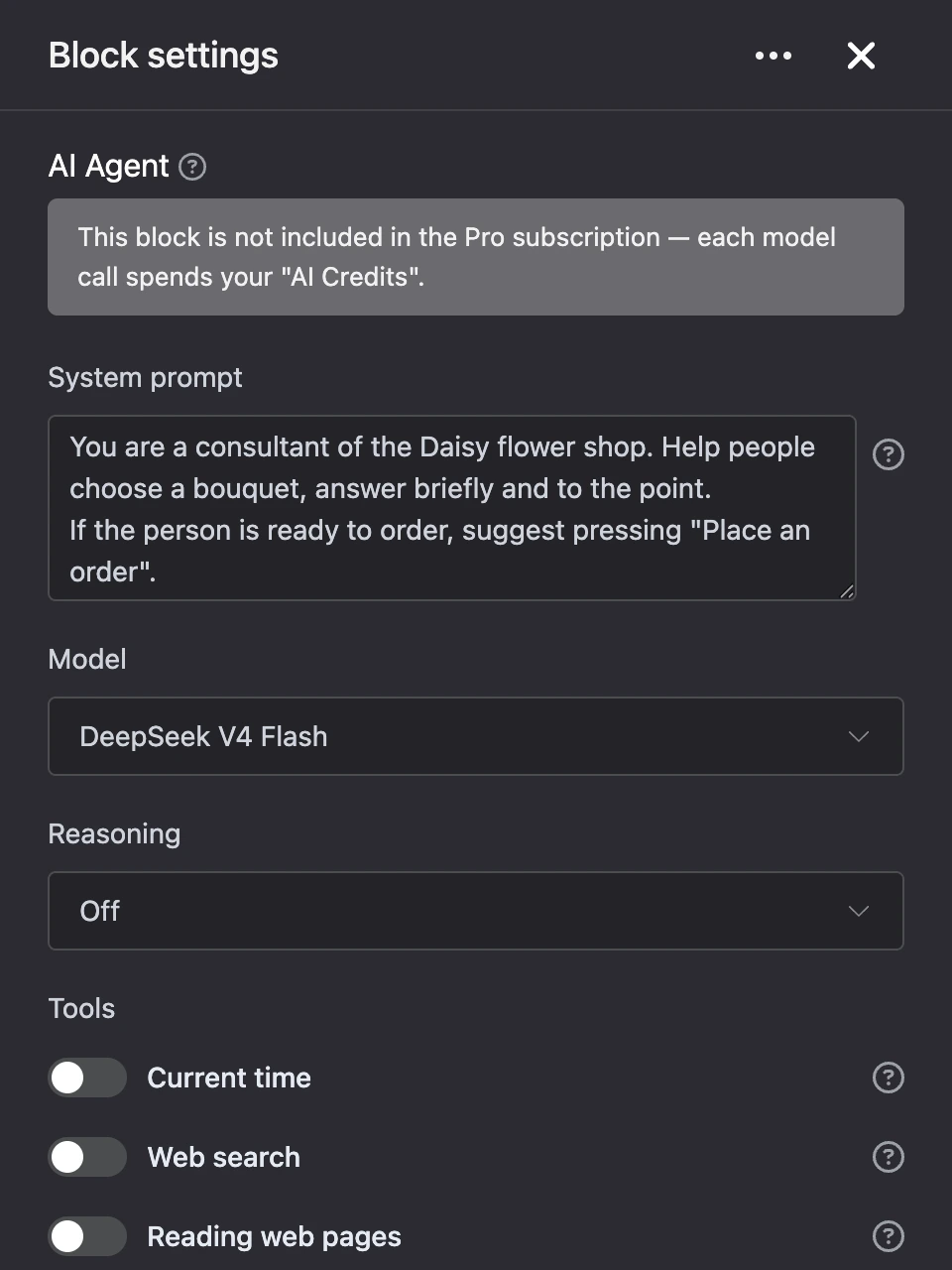 Settings panel of the "AI Agent" block: system prompt, model and tools