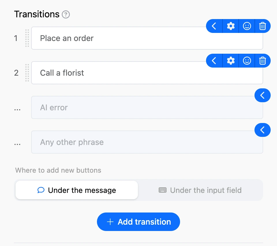 The "Transitions" section: "Place an order" and "Call a florist", below are "AI error" and "Any other phrase"