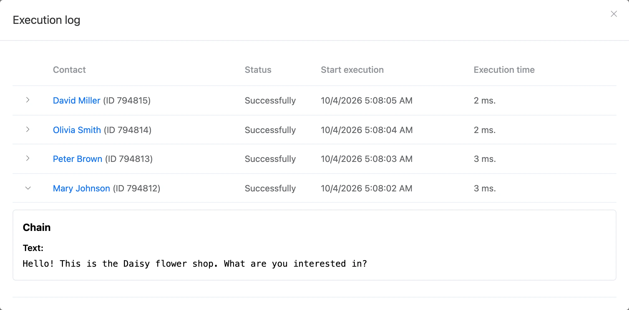 The "Execution log" window: contacts, status, start time and duration, an expanded entry