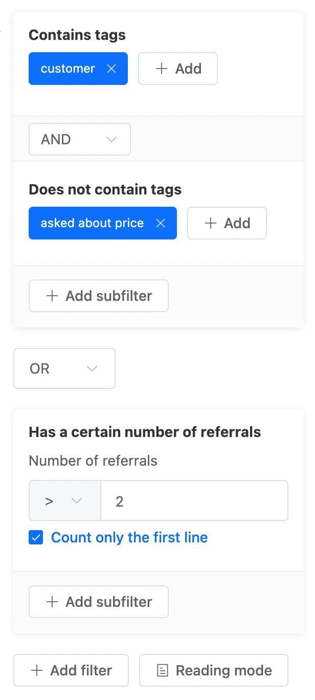 Filters in edit mode: a group of two conditions joined with AND, and a second group joined with OR