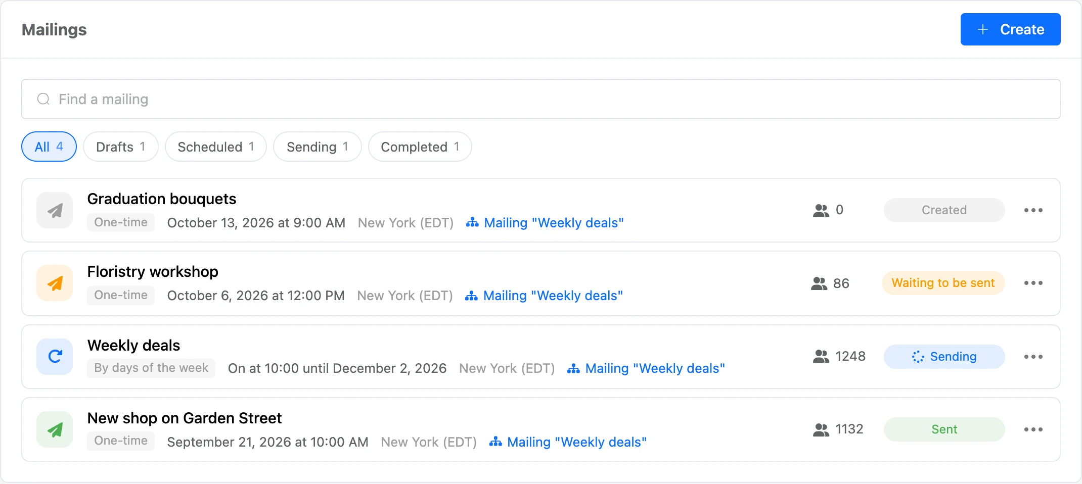 List of the bot's mailings: a one-time one, one by days of the week and a completed one