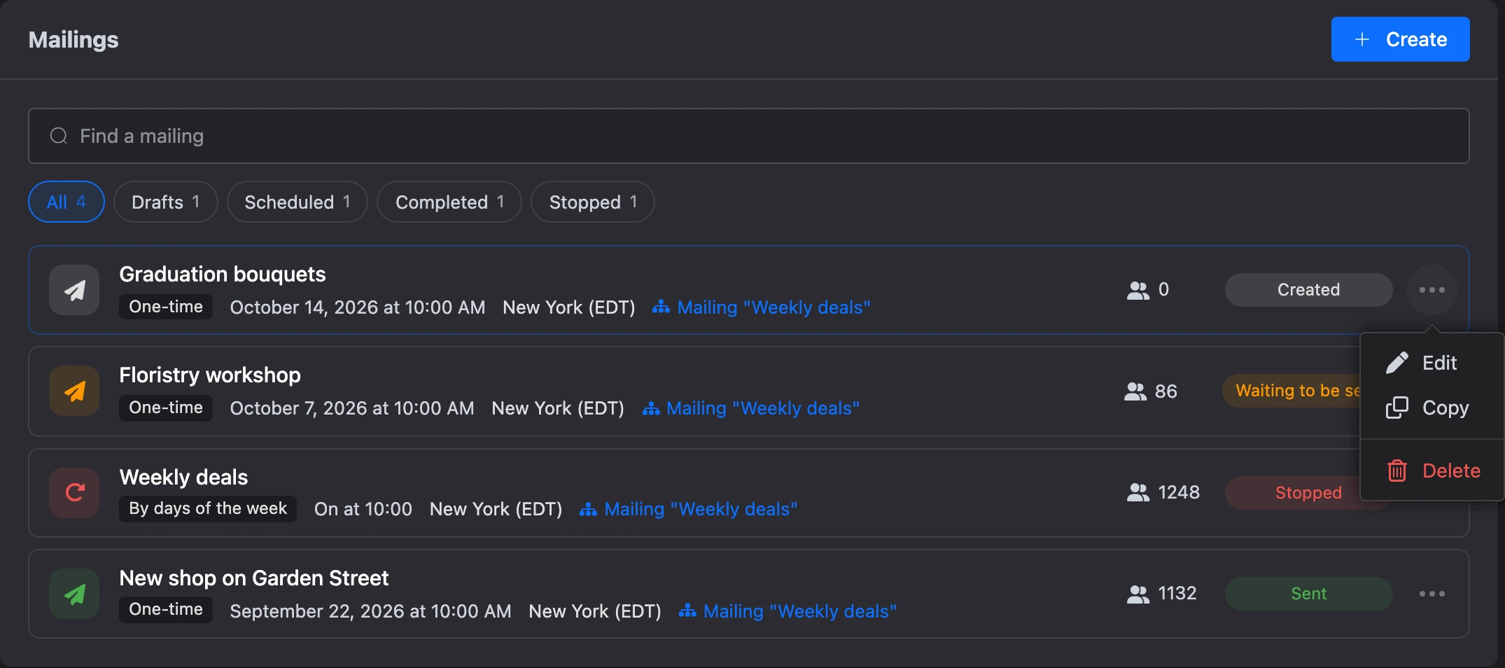 The mailing list with the "⋯" menu open: edit, copy, delete