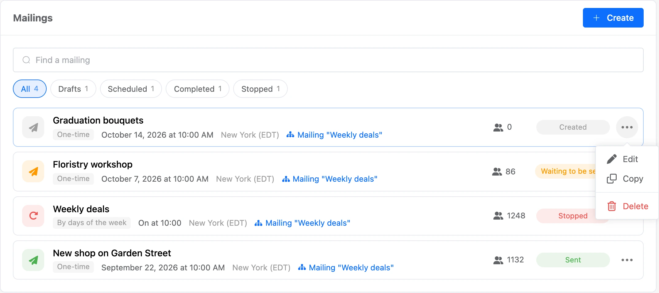 The mailing list with the "⋯" menu open: edit, copy, delete