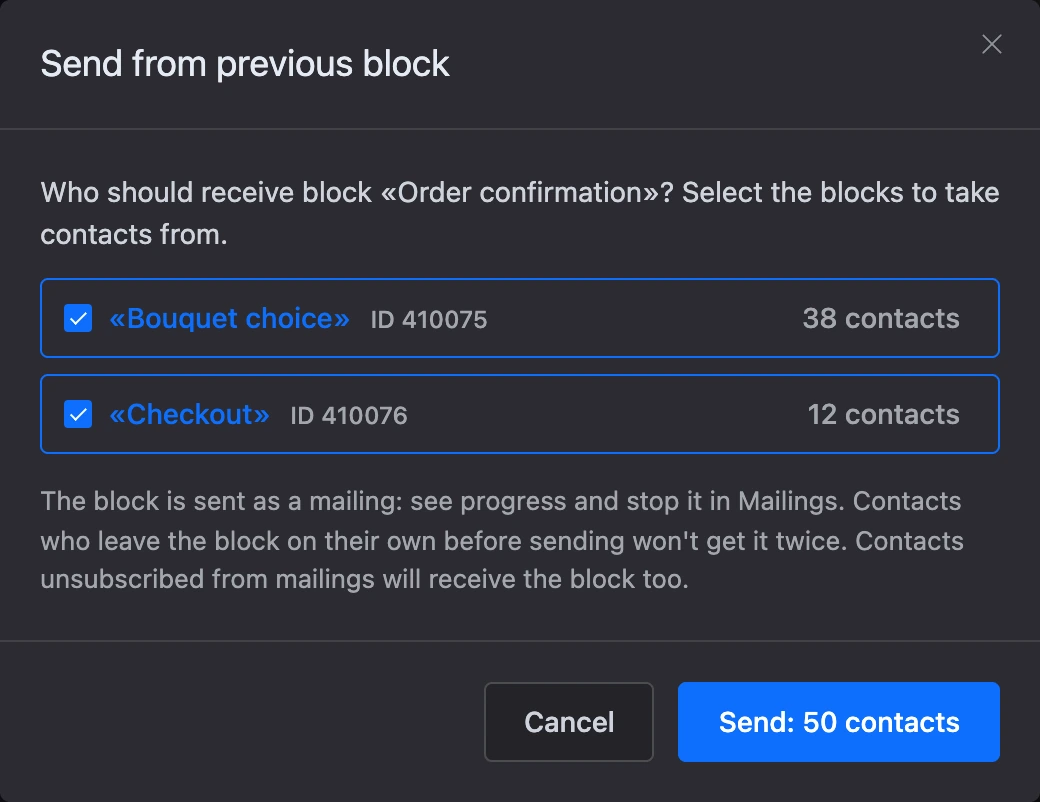 The "Send from previous block" window: the blocks before the chosen one and the number of contacts on each