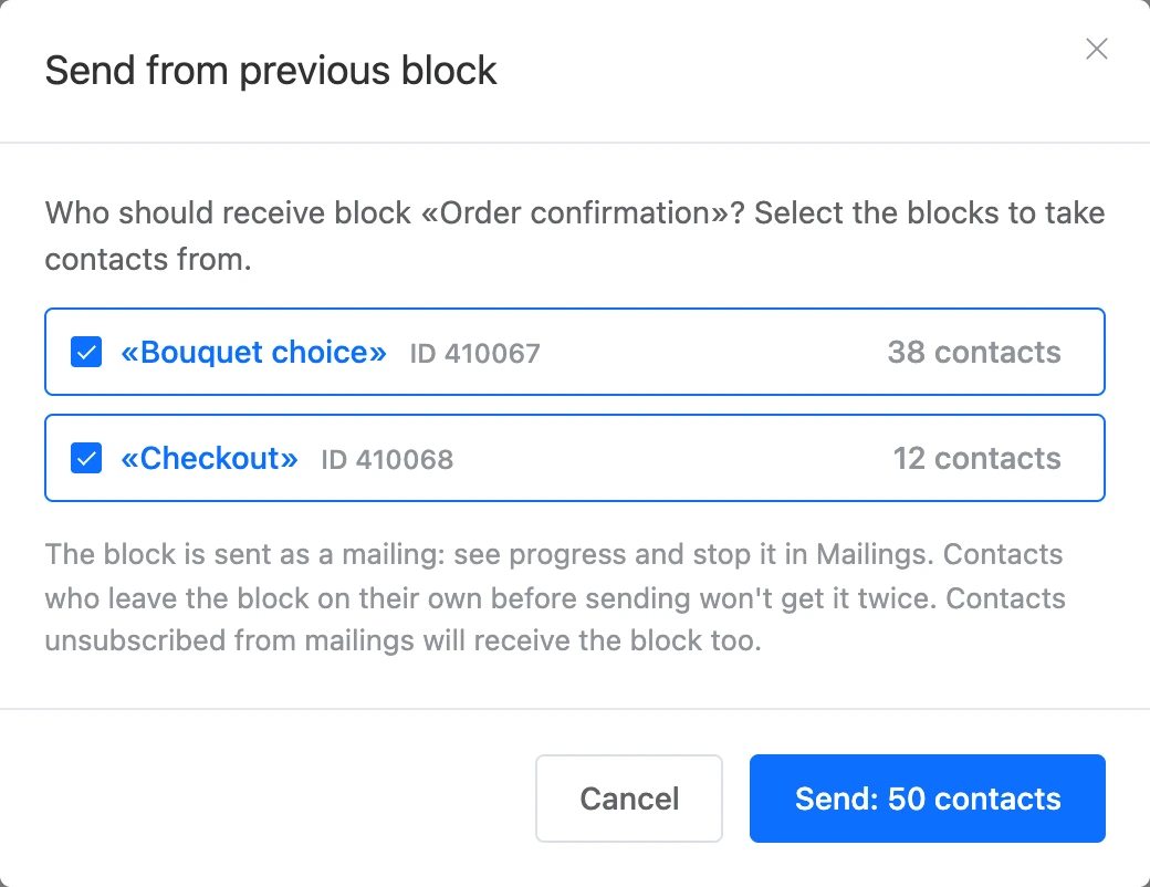 The "Send from previous block" window: the blocks before the chosen one and the number of contacts on each