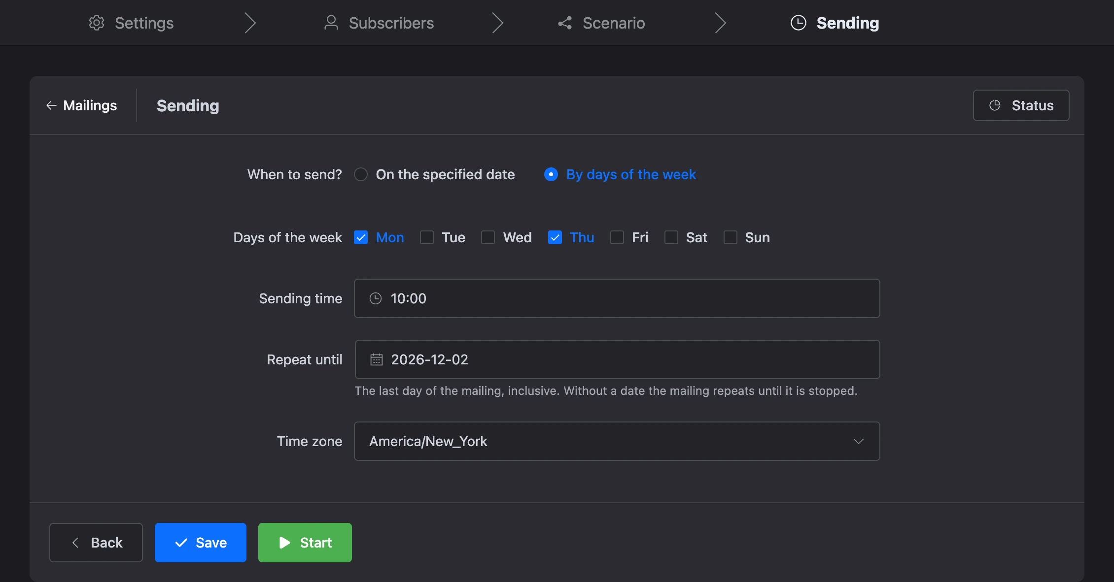 The "Sending" step: a mailing by days of the week with an end date