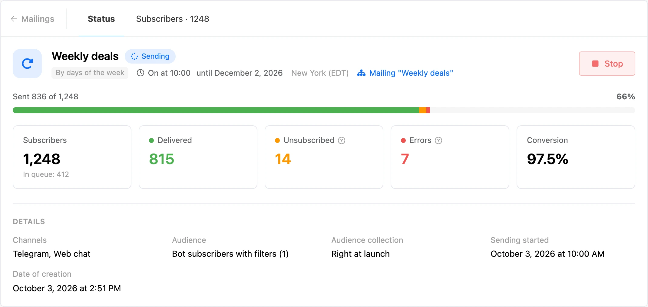 The mailing's page: sending progress, counters and details