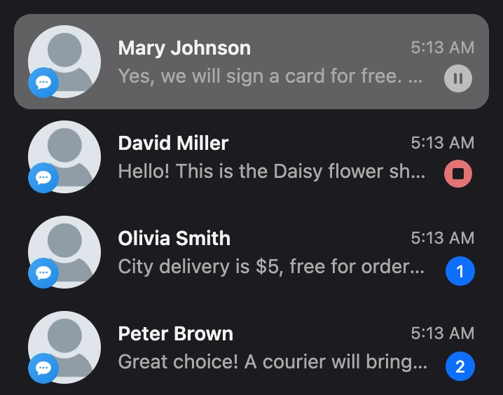 The dialogue list: a pause icon for one contact, a red stop icon for another