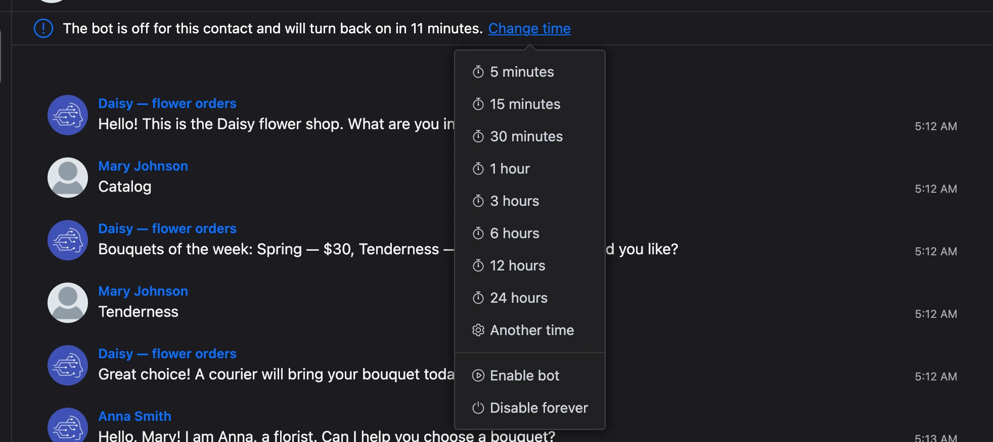 The "Set time" menu: from 5 minutes to 24 hours, "Other time", "Enable bot", "Disable forever"